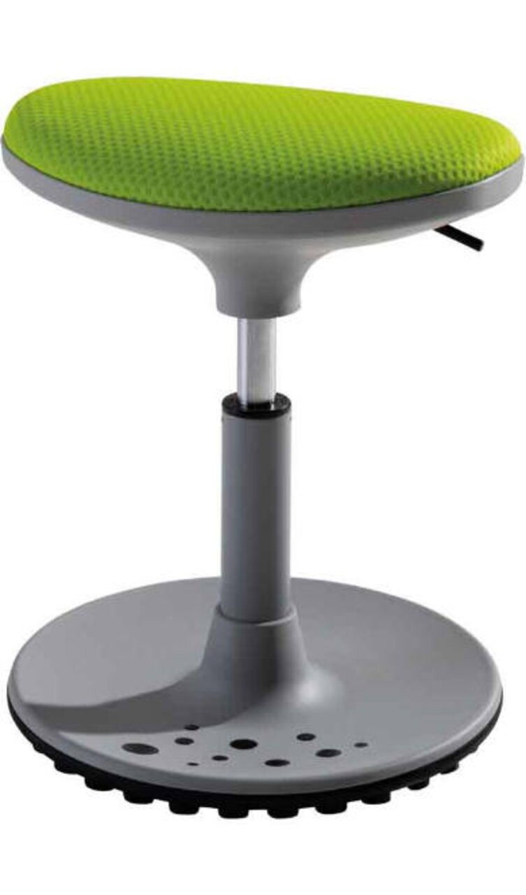 Kinderhocker Paidi Serie SPEEDY mit grauem Gestell und grünem Sitzpolster, seitliche Perspektive