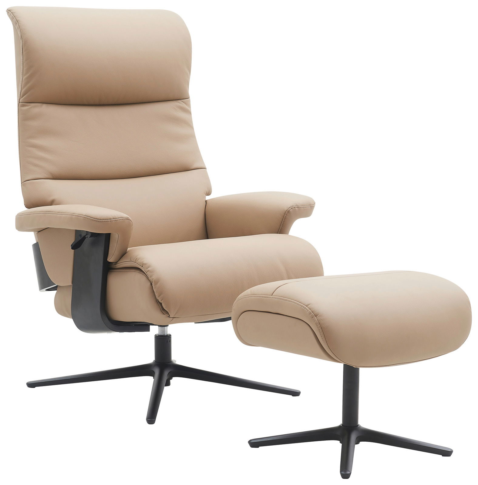 Beiger Relaxsessel mit Hocker, seitliche Perspektive