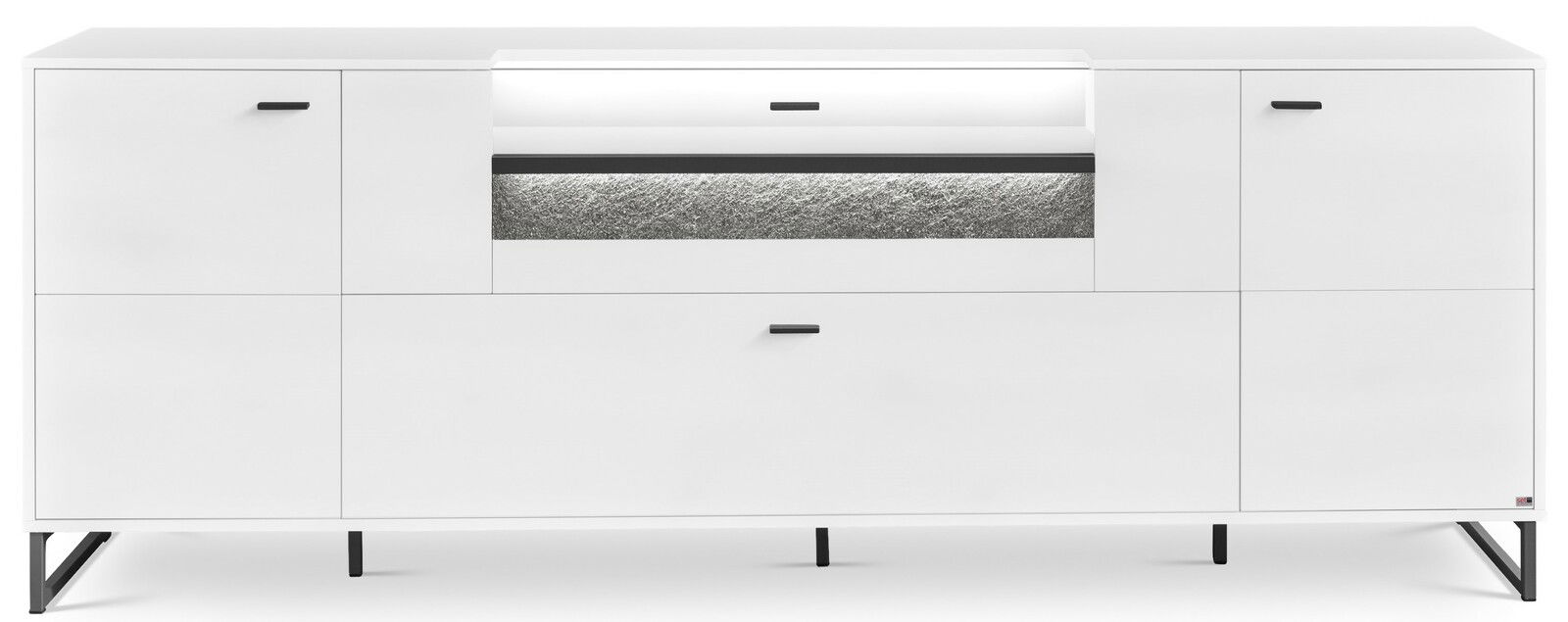 Modernes weißes TV-Lowboard mit schwarzen Griffen und Beinen, frontal abgebildet. Integrierte Beleuchtung und strukturierte Oberfläche in der Mitte.