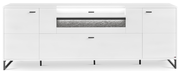 Modernes weißes TV-Lowboard mit schwarzen Griffen und Beinen, frontal abgebildet. Integrierte Beleuchtung und strukturierte Oberfläche in der Mitte.