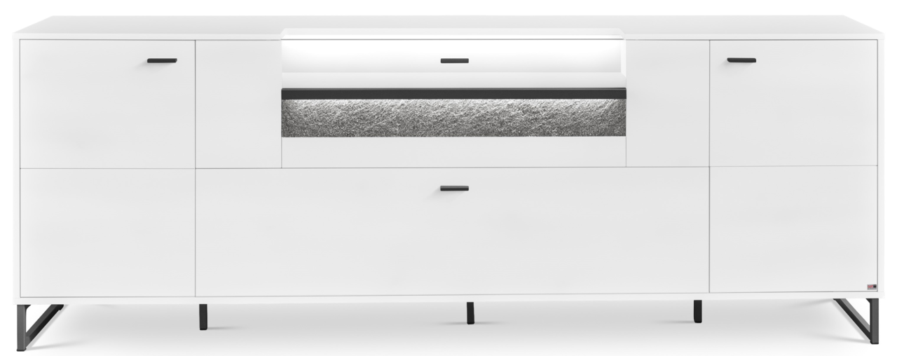 Modernes weißes TV-Lowboard mit schwarzen Griffen und Beinen, frontal abgebildet. Integrierte Beleuchtung und strukturierte Oberfläche in der Mitte.