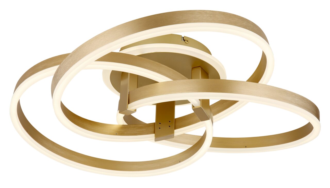 Moderne Deckenleuchte HERWIG in Gold mit ineinander verschlungenen LED-Ringen, seitliche Perspektive.