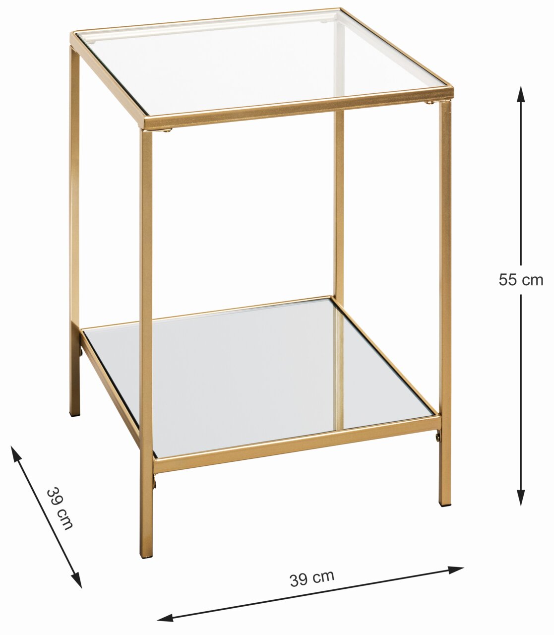 Moderner Beistelltisch mit goldfarbenem Metallrahmen und zwei Glasplatten, seitliche Perspektive.