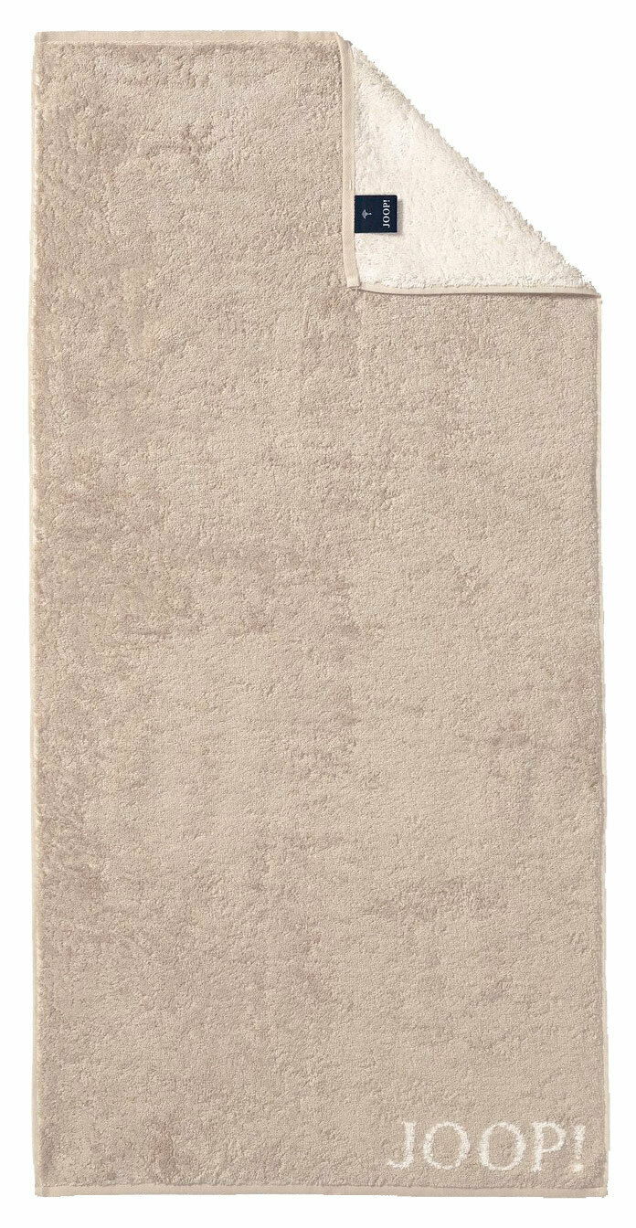 Beiges Handtuch mit eingewebtem JOOP! Logo, Draufsicht
