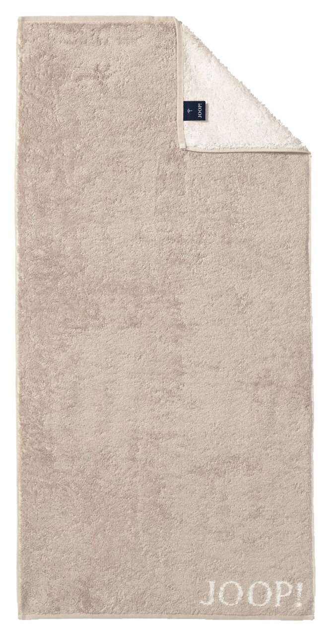 Beiges Handtuch mit eingewebtem JOOP! Logo, Draufsicht