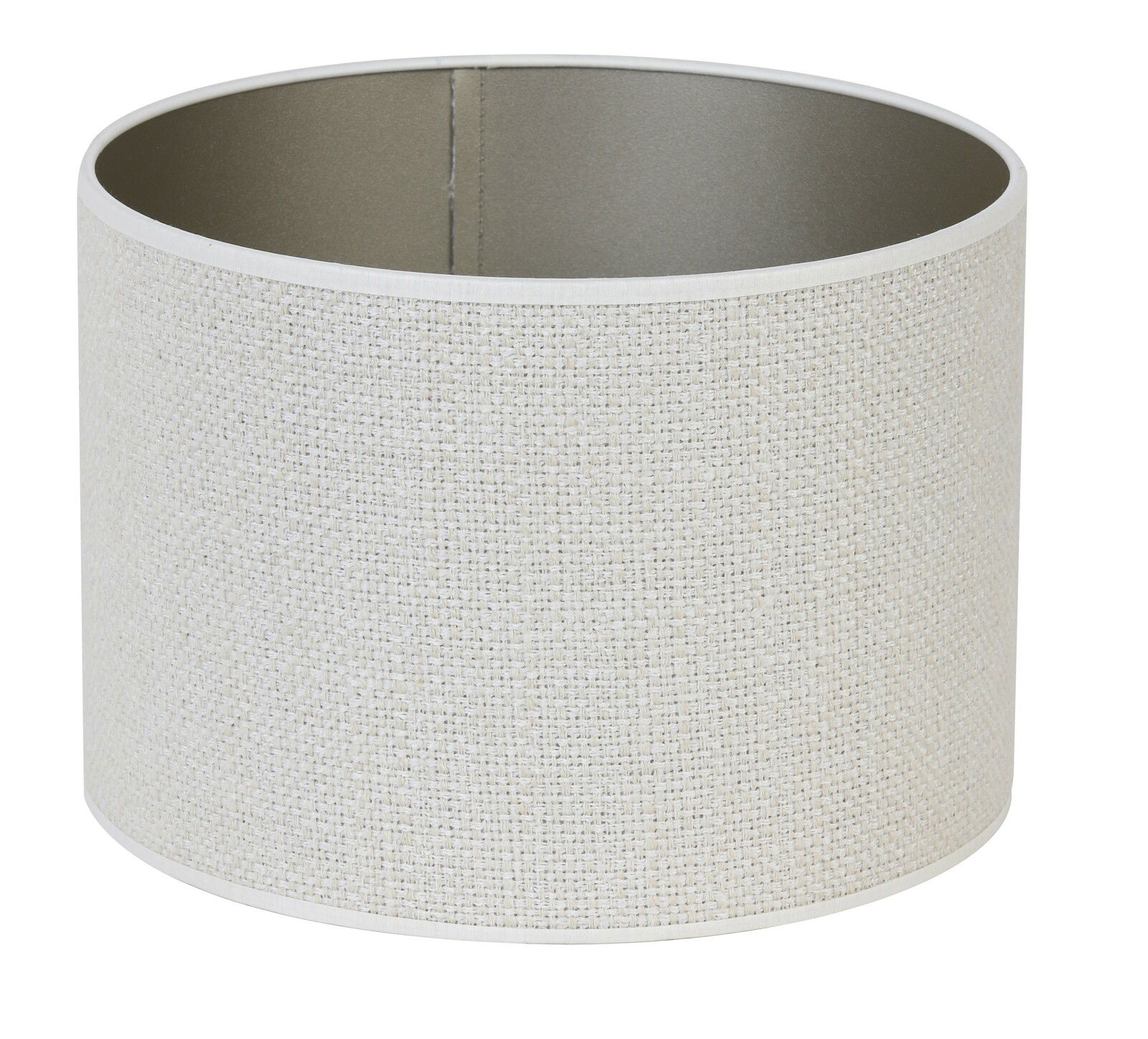 Zylindrischer Lampenschirm in hellem Stoff, seitliche Perspektive