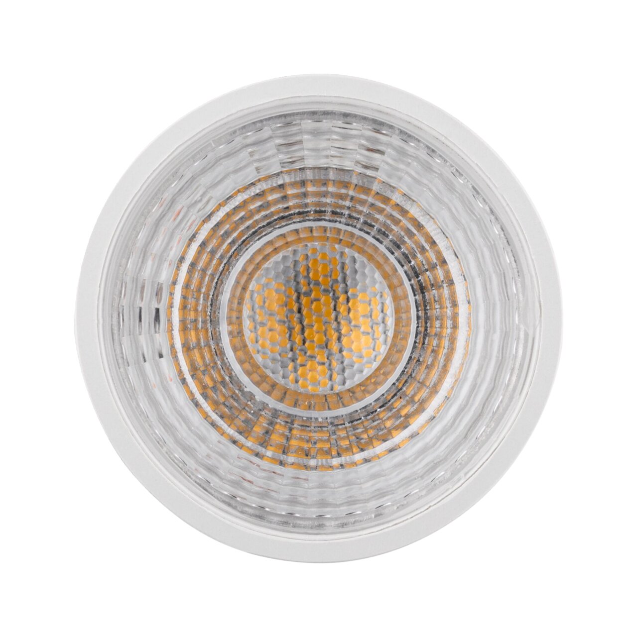 LED-lamp van bovenaf gezien, met een heldere lens en zichtbare LED-diodes.
