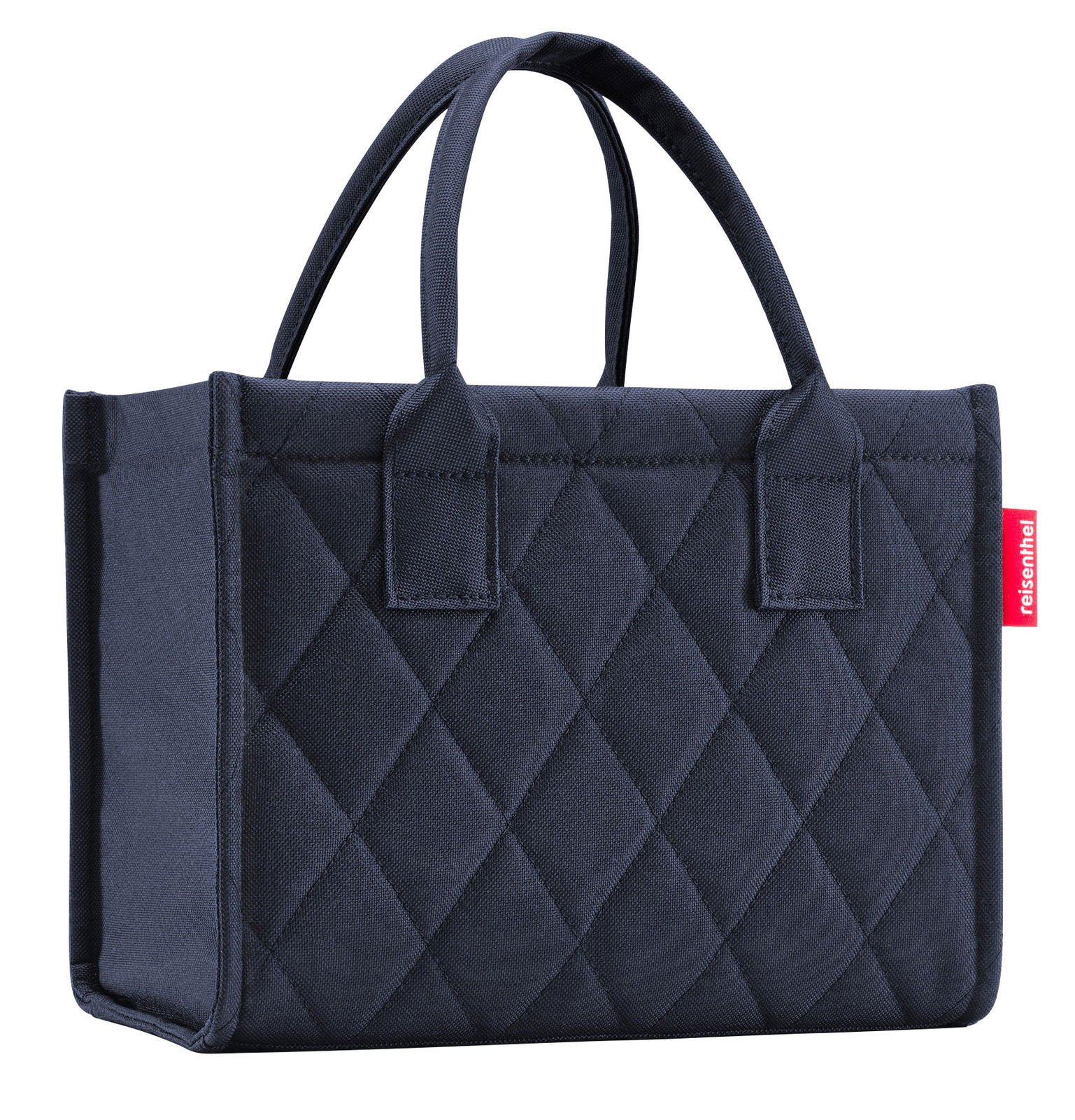 Kleine, dunkelblaue, gesteppte Einkaufstasche mit zwei Griffen, seitliche Perspektive