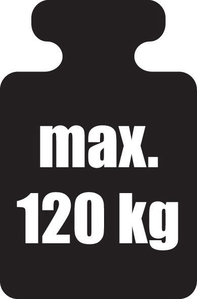 Schild mit der Aufschrift 'max. 120 kg' in schwarzer Farbe, Vorderansicht