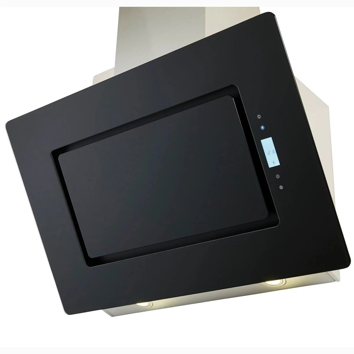 Schwarze, schräg montierte Wand-Dunstabzugshaube mit Glasfront, Touch-Bedienfeld und LED-Beleuchtung, in Frontansicht aus leicht schräger Perspektive von unten.