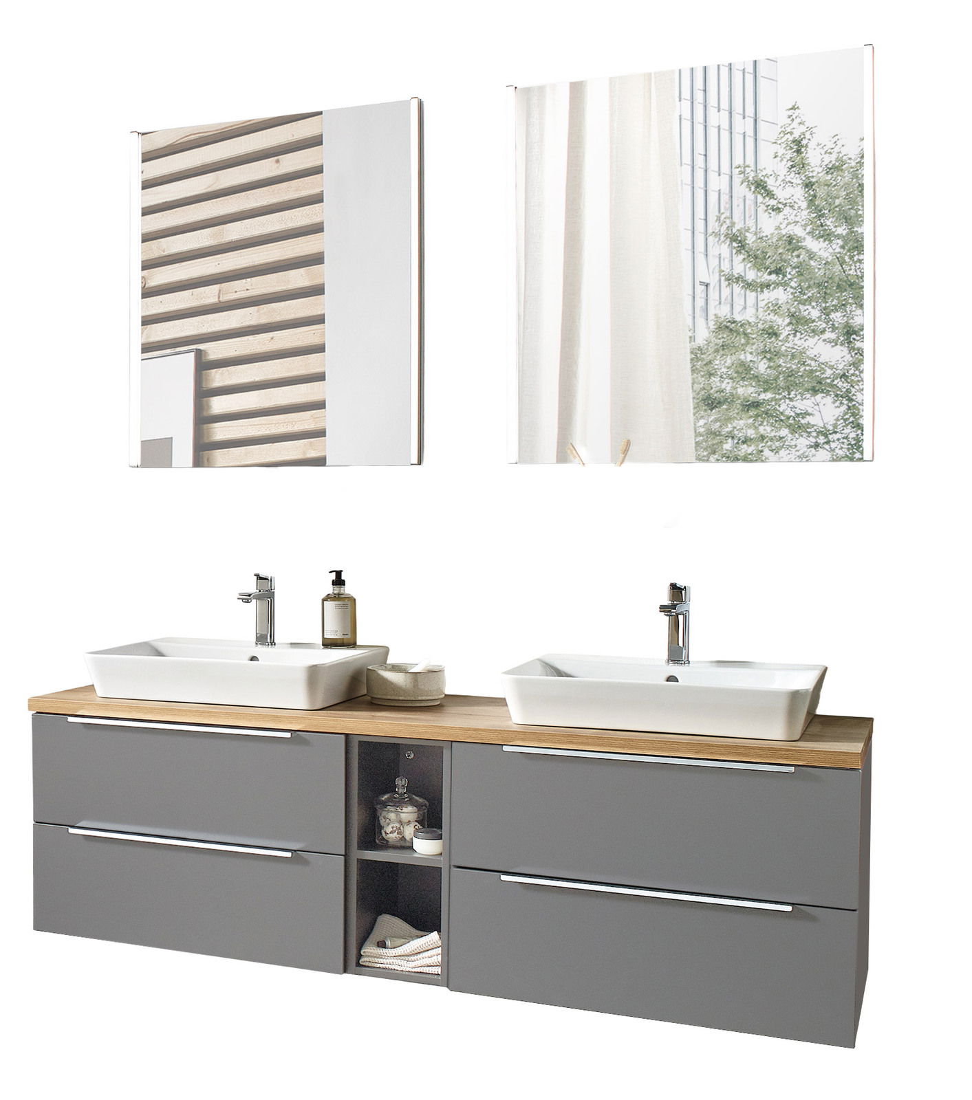 Novel Badkombination NV.021 Moderne Badkombination mit zwei Waschbecken, grauen Schubladen und Holzoberfläche, frontal betrachtet.