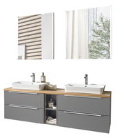 Moderne Badkombination mit zwei Waschbecken, grauen Schubladen und Holzoberfläche, frontal betrachtet.