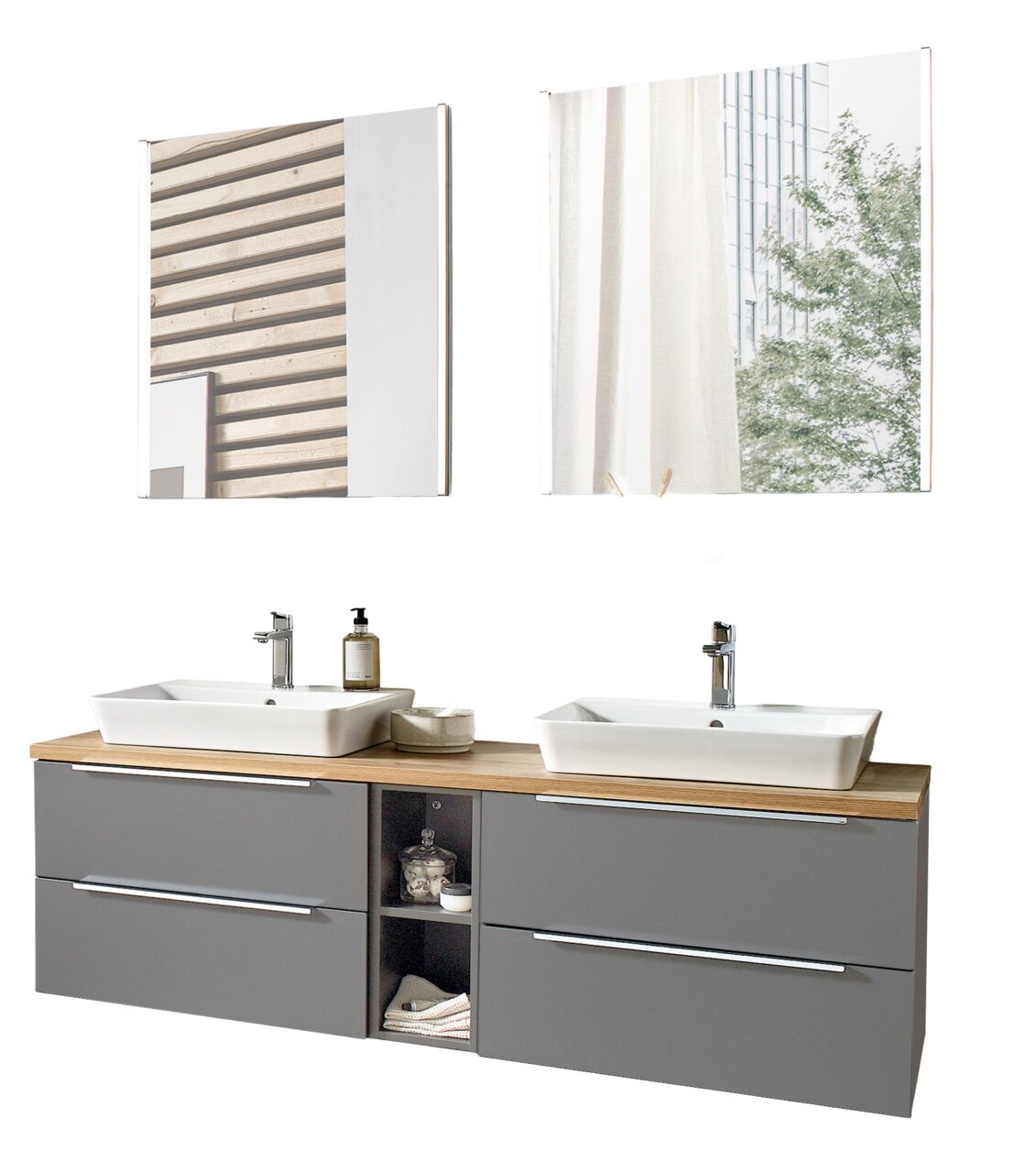 Moderne Badkombination mit zwei Waschbecken, grauen Schubladen und Holzoberfläche, frontal betrachtet.