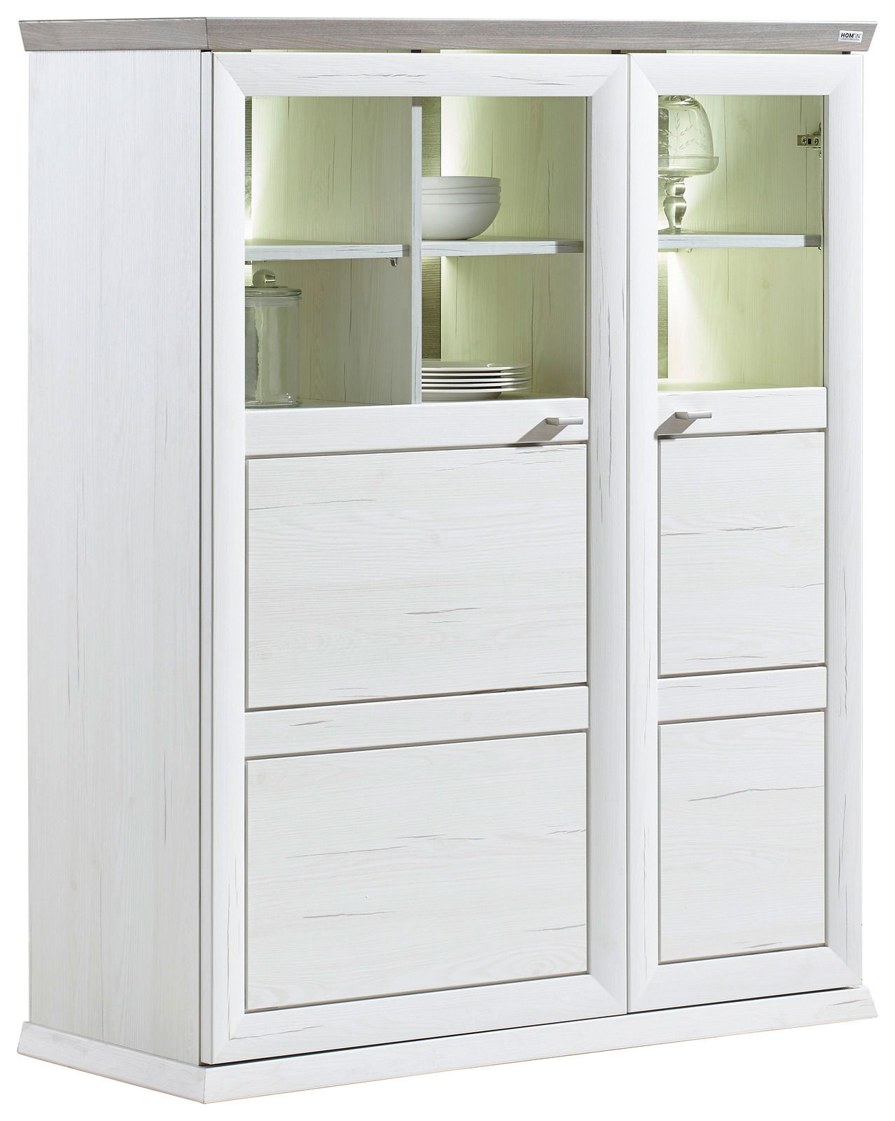Weißes Highboard mit Glastüren und Beleuchtung, seitliche Perspektive
