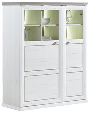Weißes Highboard mit Glastüren und Beleuchtung, seitliche Perspektive