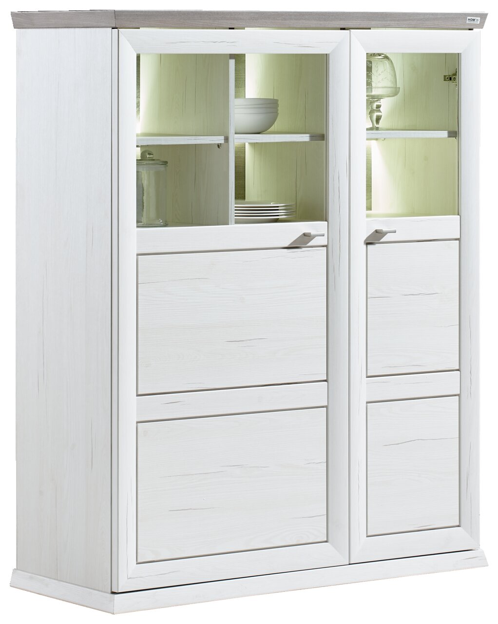 Weißes Highboard mit Glastüren und Beleuchtung, seitliche Perspektive