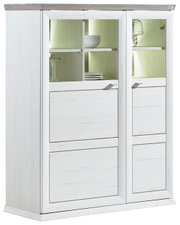 Weißes Highboard mit Glastüren und Beleuchtung, seitliche Perspektive