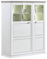 Weißes Highboard mit Glastüren und Beleuchtung, seitliche Perspektive