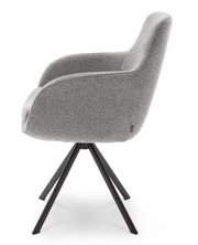 Grijze fauteuil met zwart metalen frame, zijaanzicht