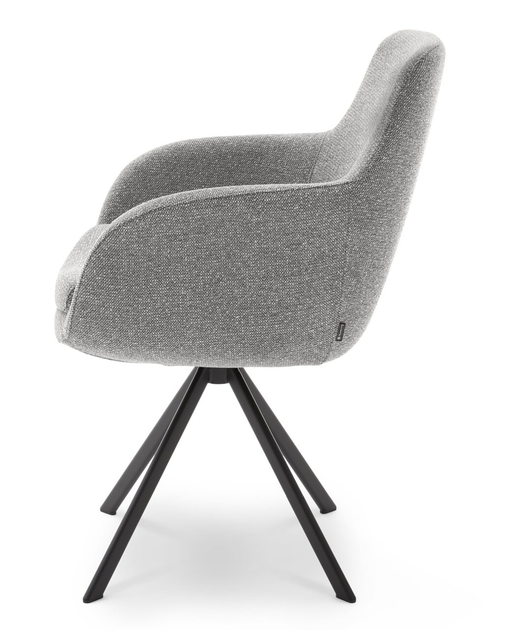 Grijze fauteuil met zwart metalen frame, zijaanzicht