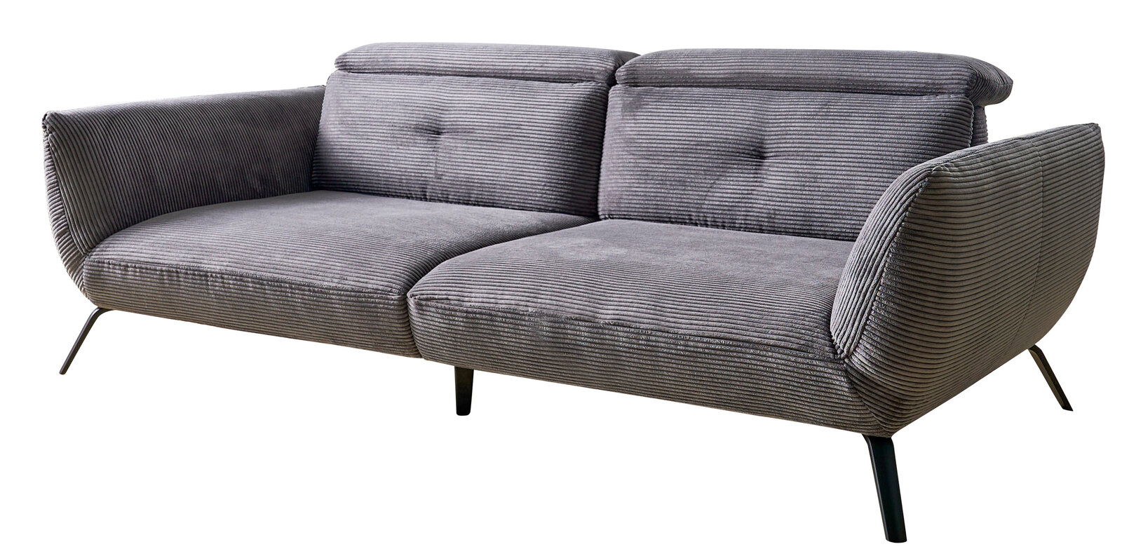 StepOne Megasofa, wie ausgestellt BERWIK Graues Megasofa mit geripptem Stoffbezug, zwei Sitzplätzen und schwarzen Metallbeinen, seitliche Perspektive