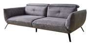 Graues Megasofa mit geripptem Stoffbezug, zwei Sitzplätzen und schwarzen Metallbeinen, seitliche Perspektive