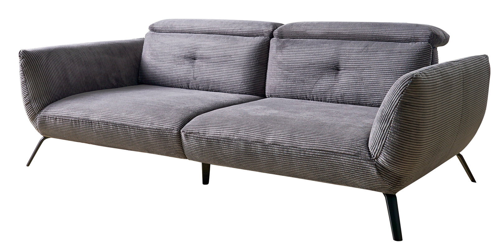 Graues Megasofa mit geripptem Stoffbezug, zwei Sitzplätzen und schwarzen Metallbeinen, seitliche Perspektive