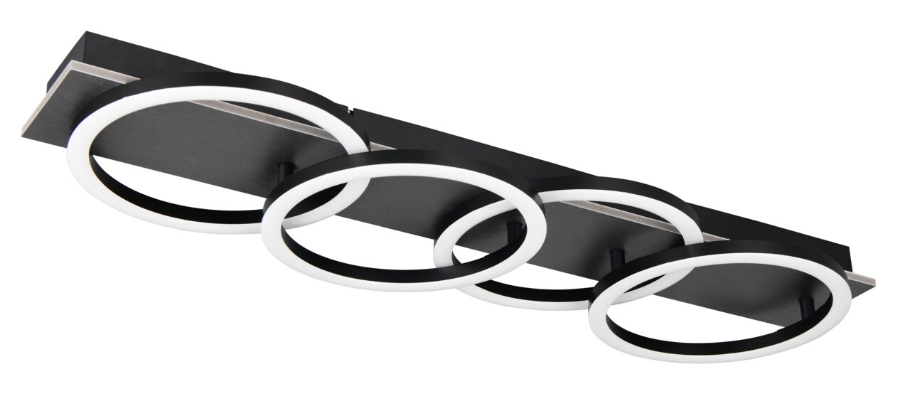 Moderne LED-Deckenleuchte mit drei schwarzen Ringen, seitliche Perspektive
