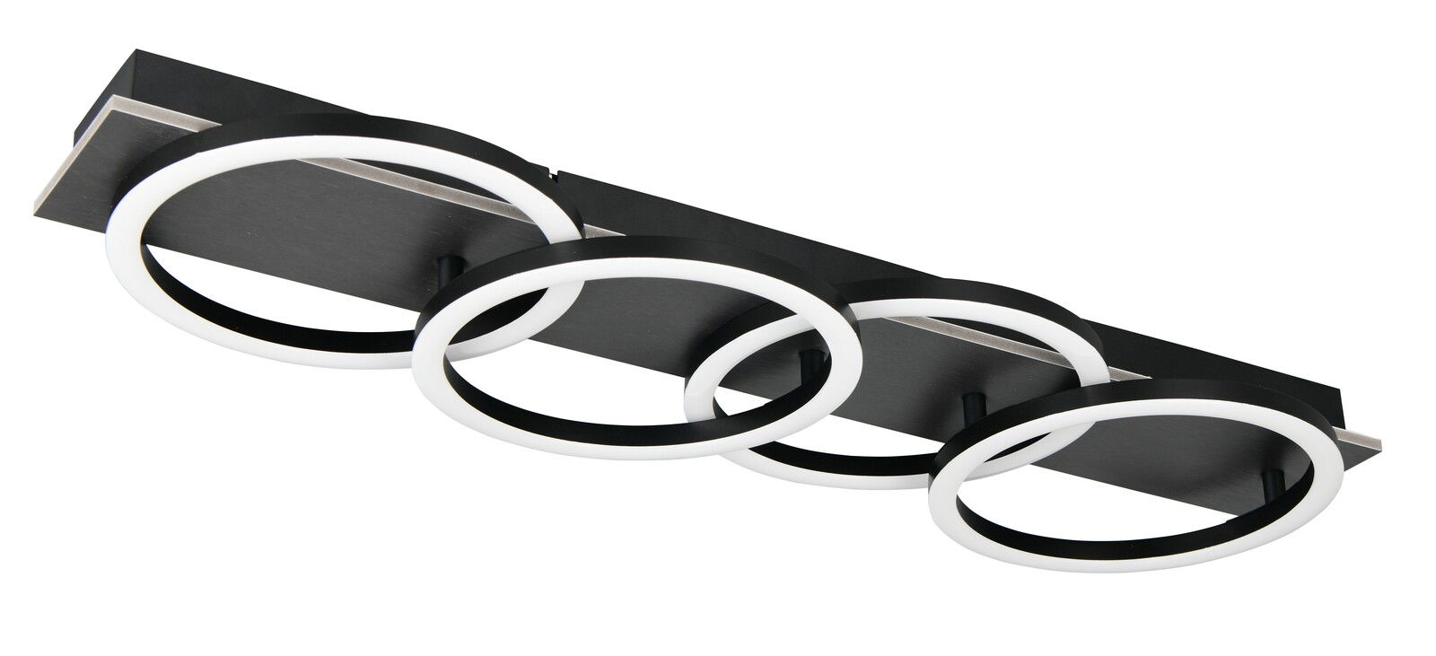 Moderne LED-Deckenleuchte mit drei schwarzen Ringen, seitliche Perspektive