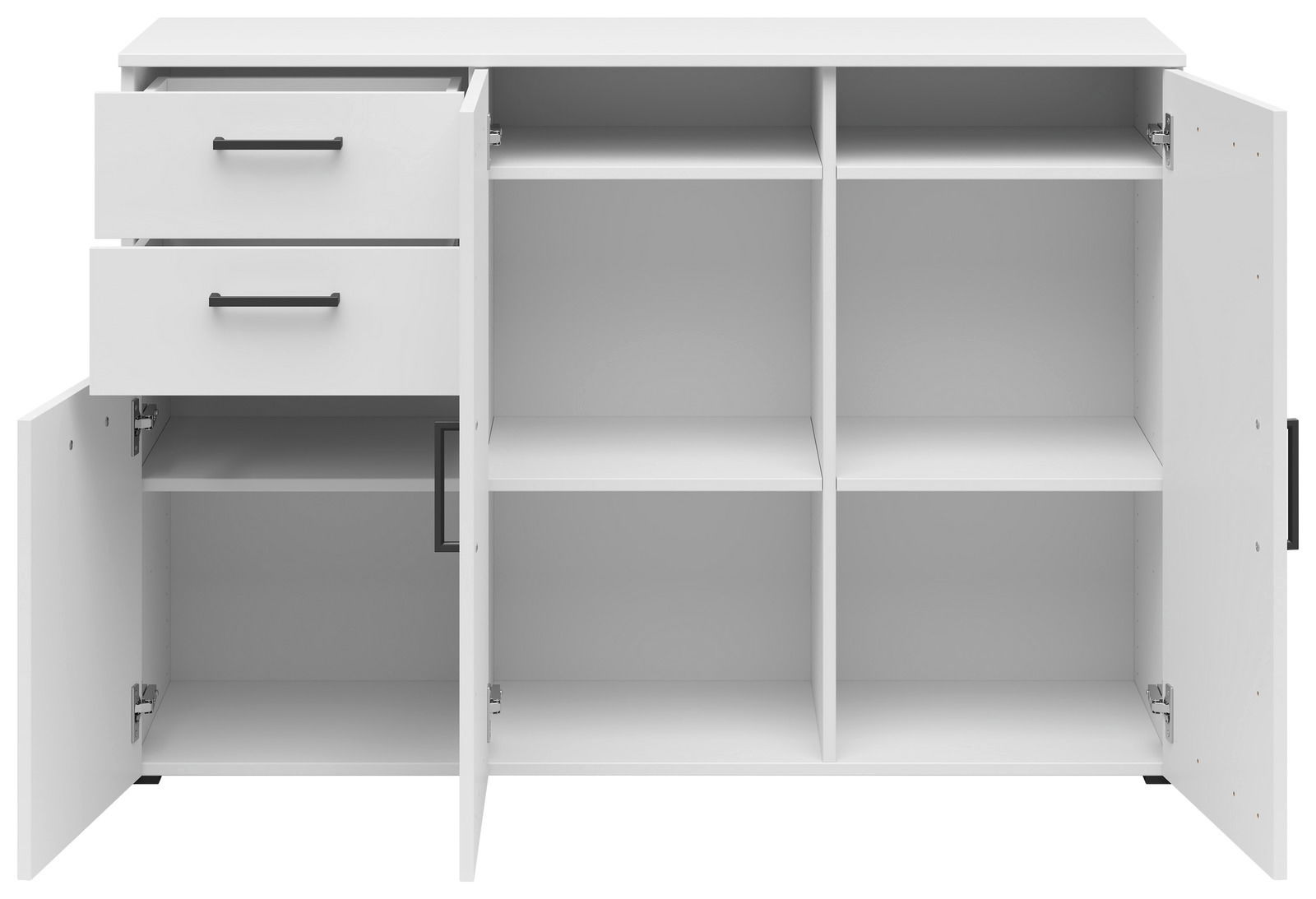 Weiße Kommode mit zwei offenen Schubladen und mehreren offenen Fächern, frontale Ansicht