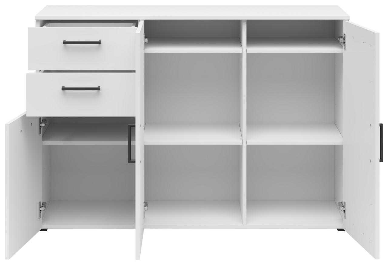 Weiße Kommode mit zwei offenen Schubladen und mehreren offenen Fächern, frontale Ansicht