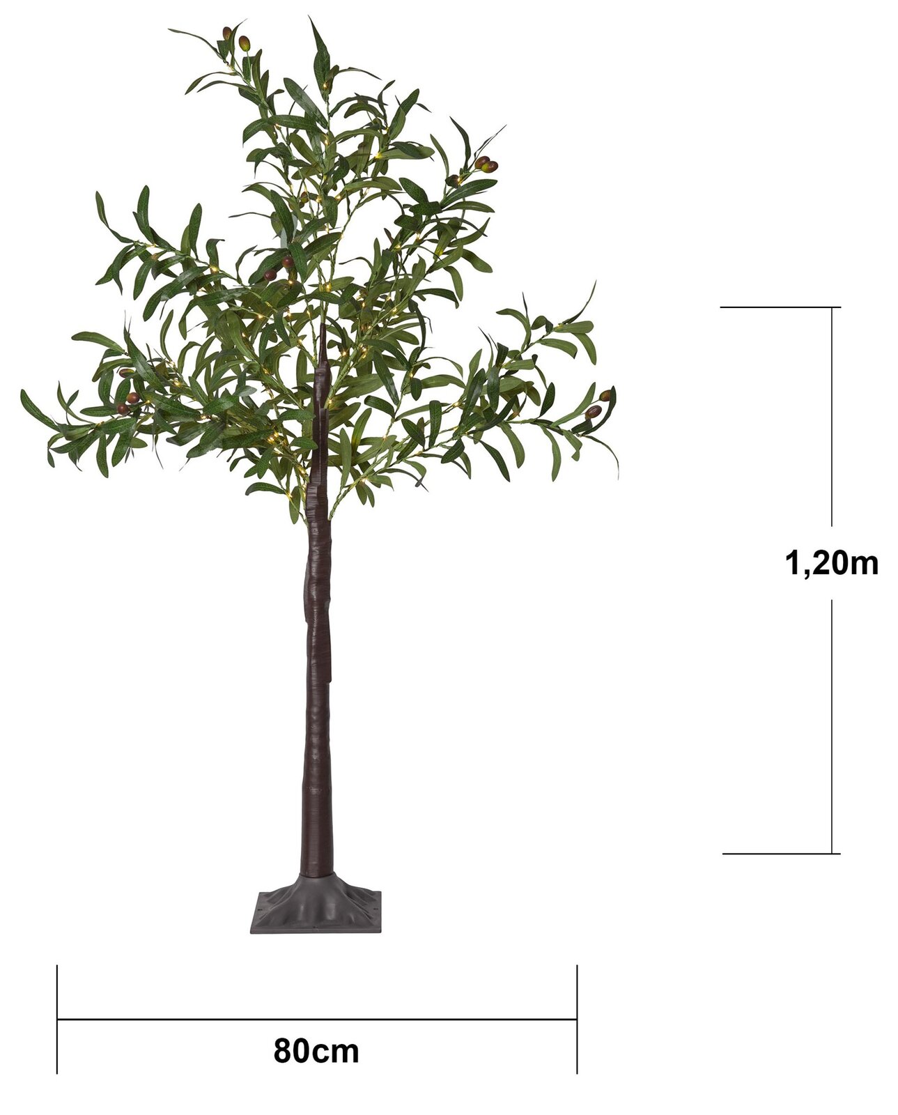 Künstlicher Olivenbaum mit grünem Laub und kleinen Oliven, ca. 1,20 m hoch und 80 cm breit, freigestellt auf weißem Hintergrund, Frontansicht.