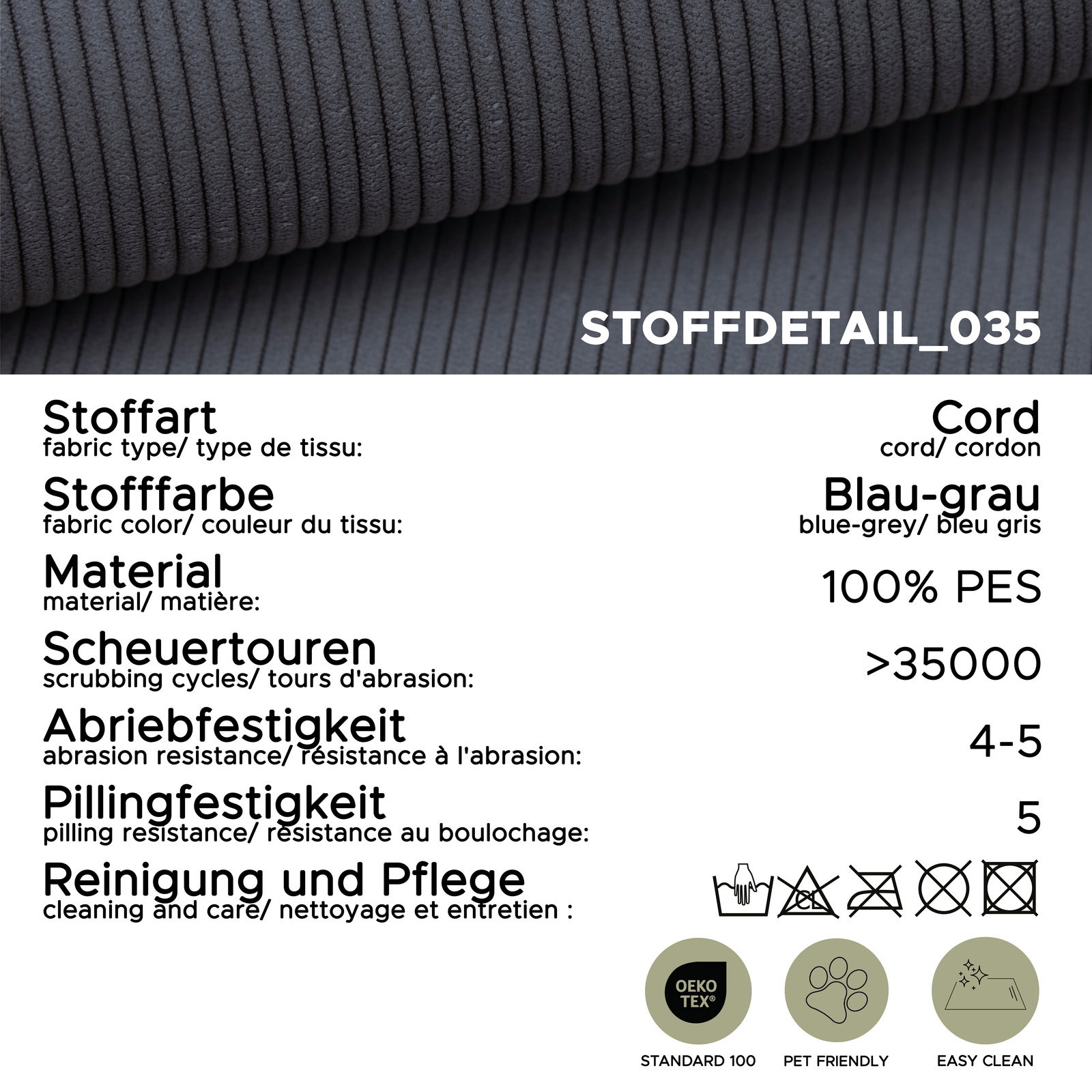 Nahaufnahme eines blau-grauen Cordstoffs mit hoher Abriebfestigkeit und Pflegehinweisen.