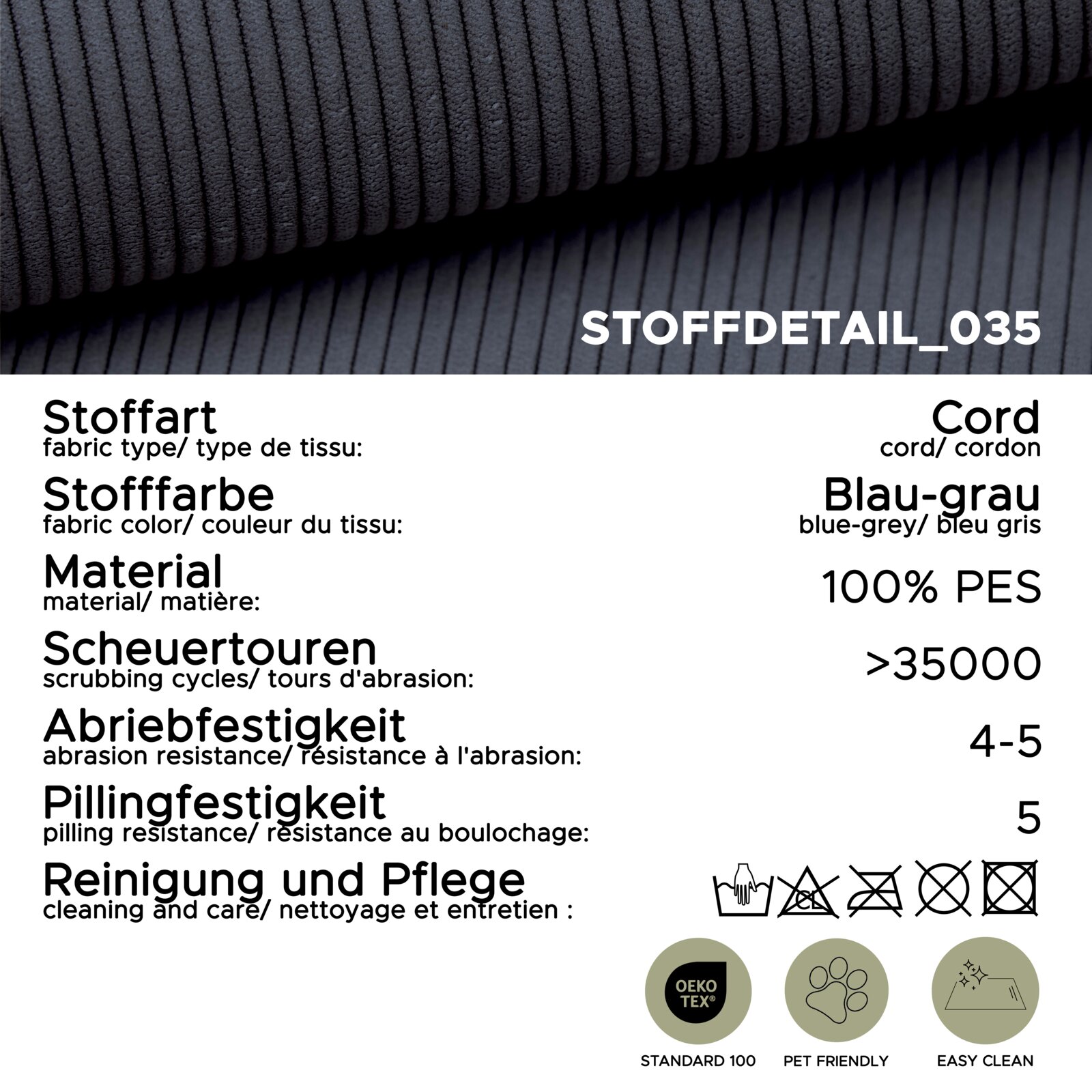 Nahaufnahme eines blau-grauen Cordstoffs mit hoher Abriebfestigkeit und Pflegehinweisen.