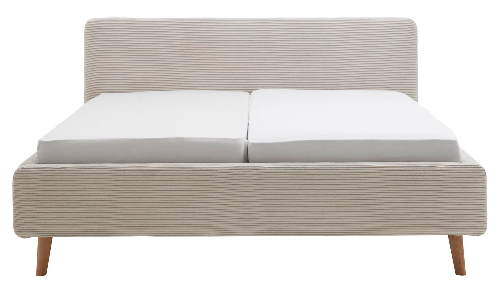 Frontale Ansicht eines Polsterbettgestells mit hellbeigem Stoffbezug und Holzfüßen.