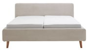 Frontale Ansicht eines Polsterbettgestells mit hellbeigem Stoffbezug und Holzfüßen.