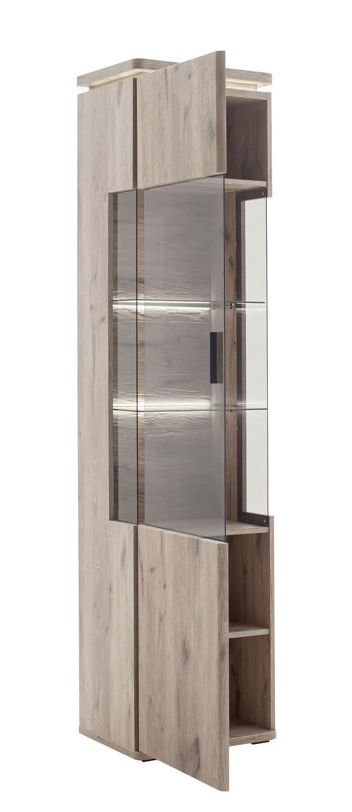 Moderne Vitrine aus Holz mit Glastüren, seitliche Perspektive