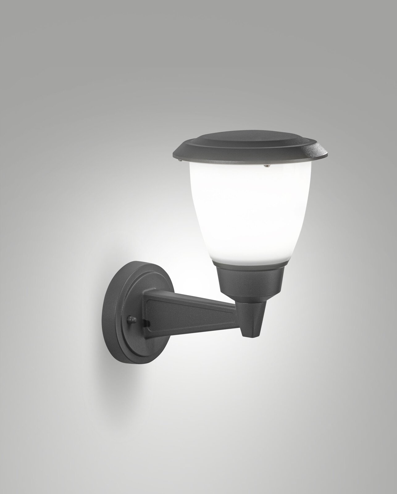 Moderne buitenwandlamp in zijaanzicht, met een zwarte behuizing en een witte lampenkap.
