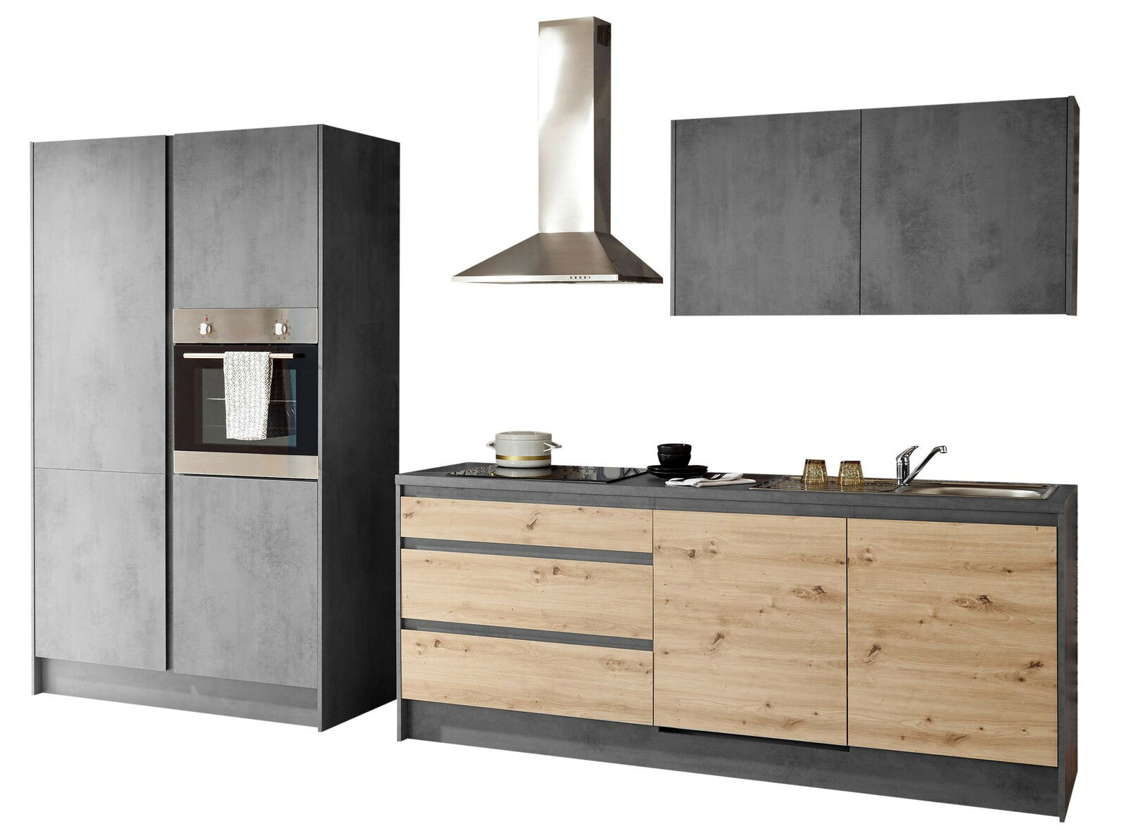 Moderne Küchenzeile in grauer und holzfarbener Optik mit integriertem Backofen, Dunstabzugshaube und Spüle, seitliche Perspektive.