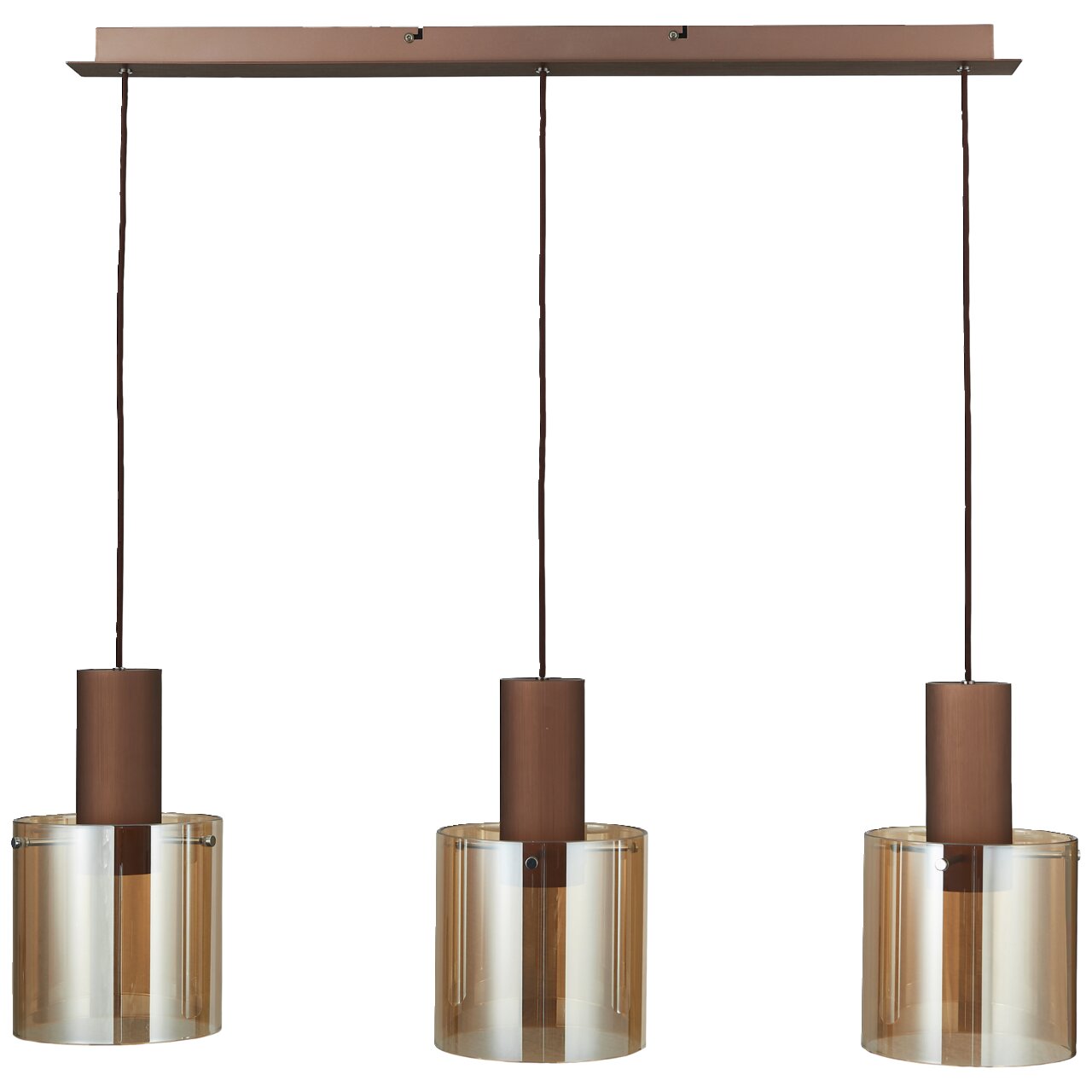 Dreifache Pendelleuchte mit braunen Zylinderschirmen, frontale Ansicht