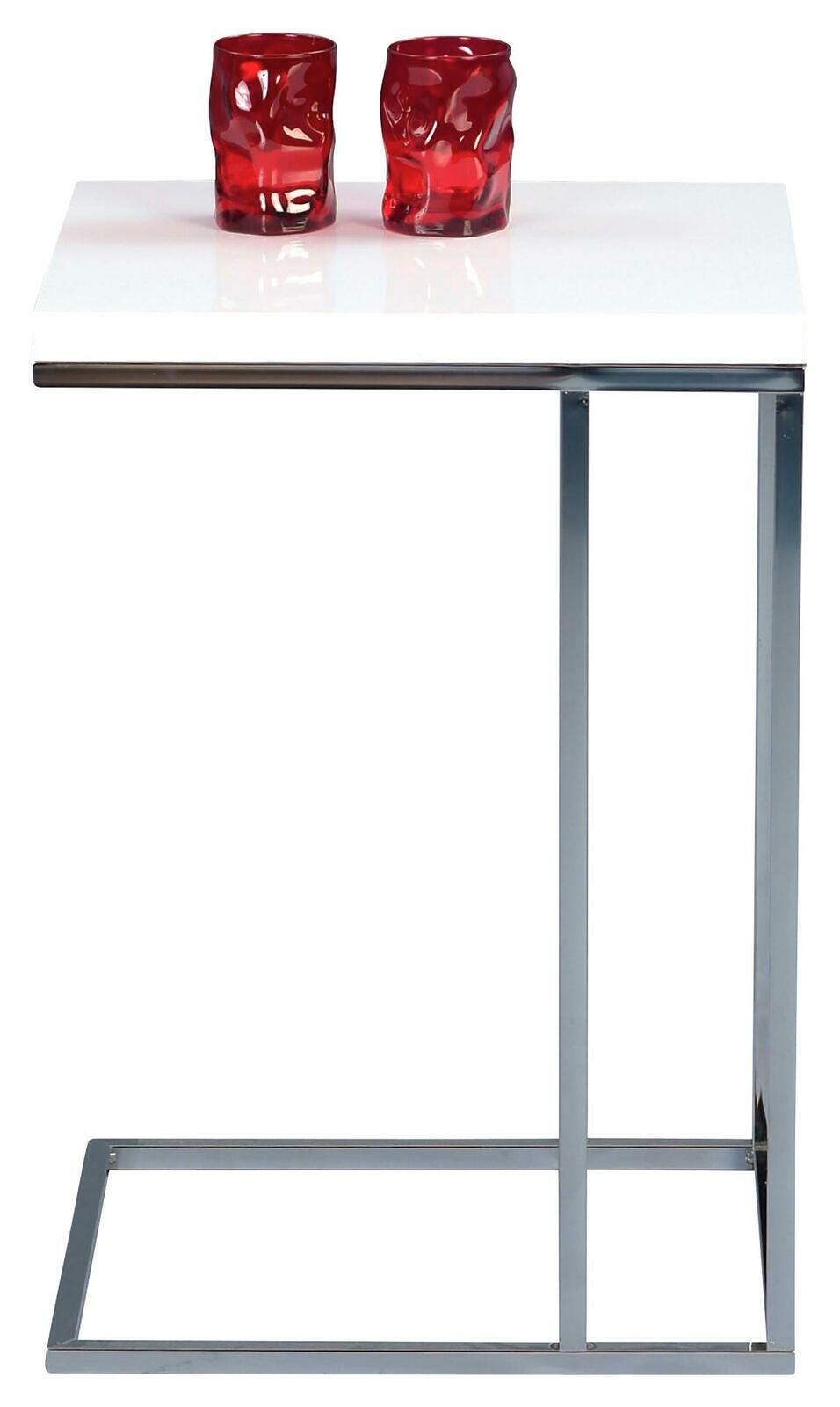 Moderner Beistelltisch mit weißer Tischplatte und zwei roten Gläsern, seitliche Perspektive