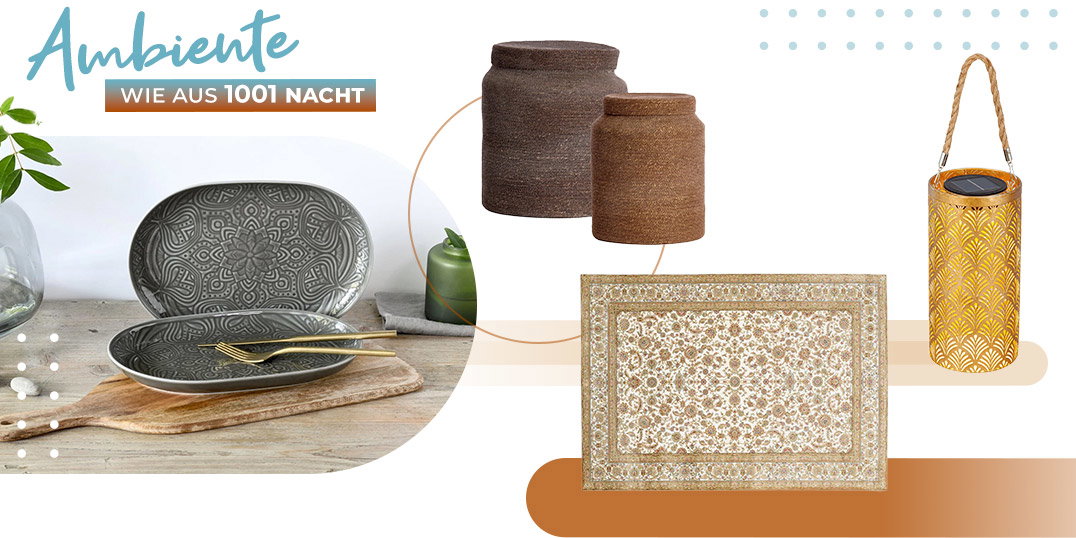 Ambiente wie aus 1001 Nacht mit orientalischem Geschirr, Dekovasen, gemustertem Teppich und goldener Laterne.
