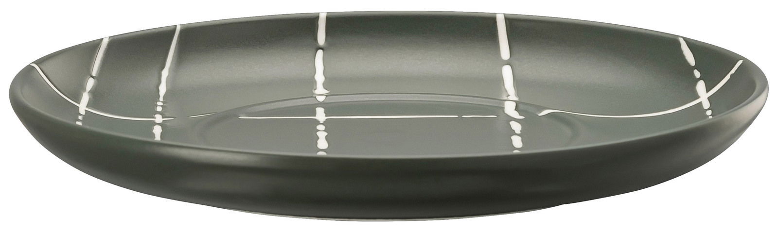 Graue Kombi-Untertasse mit weißen Linien, seitliche Perspektive