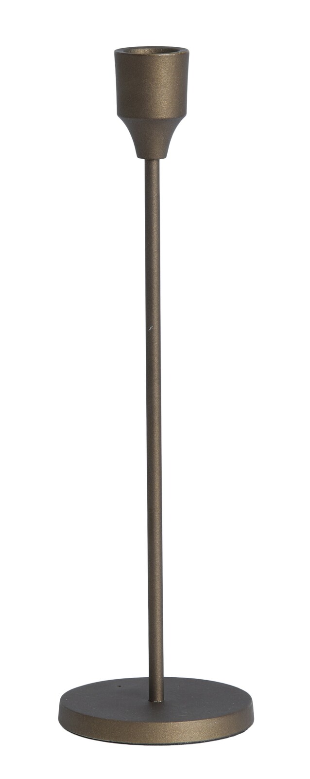 Eleganter Kerzenständer aus Metall in Bronzeoptik, seitliche Perspektive