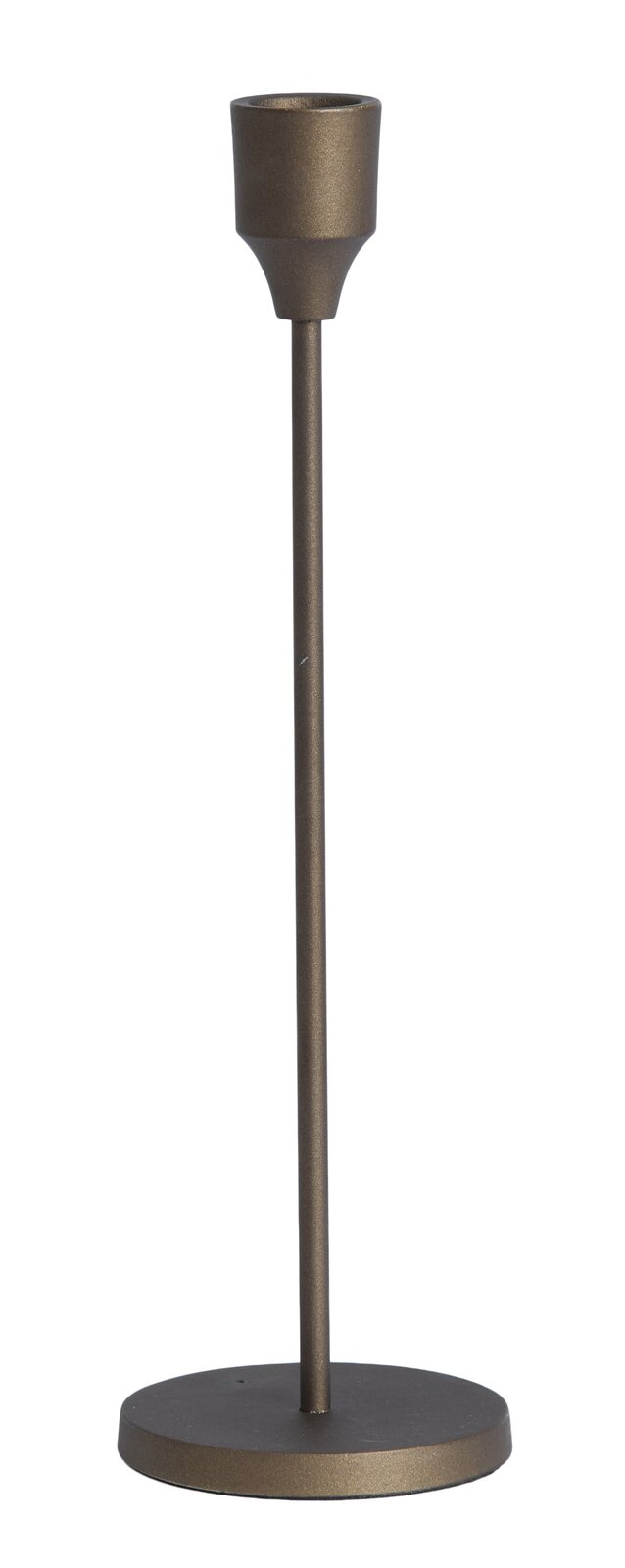 Eleganter Kerzenständer aus Metall in Bronzeoptik, seitliche Perspektive