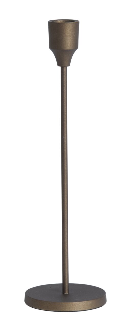 Eleganter Kerzenständer aus Metall in Bronzeoptik, seitliche Perspektive