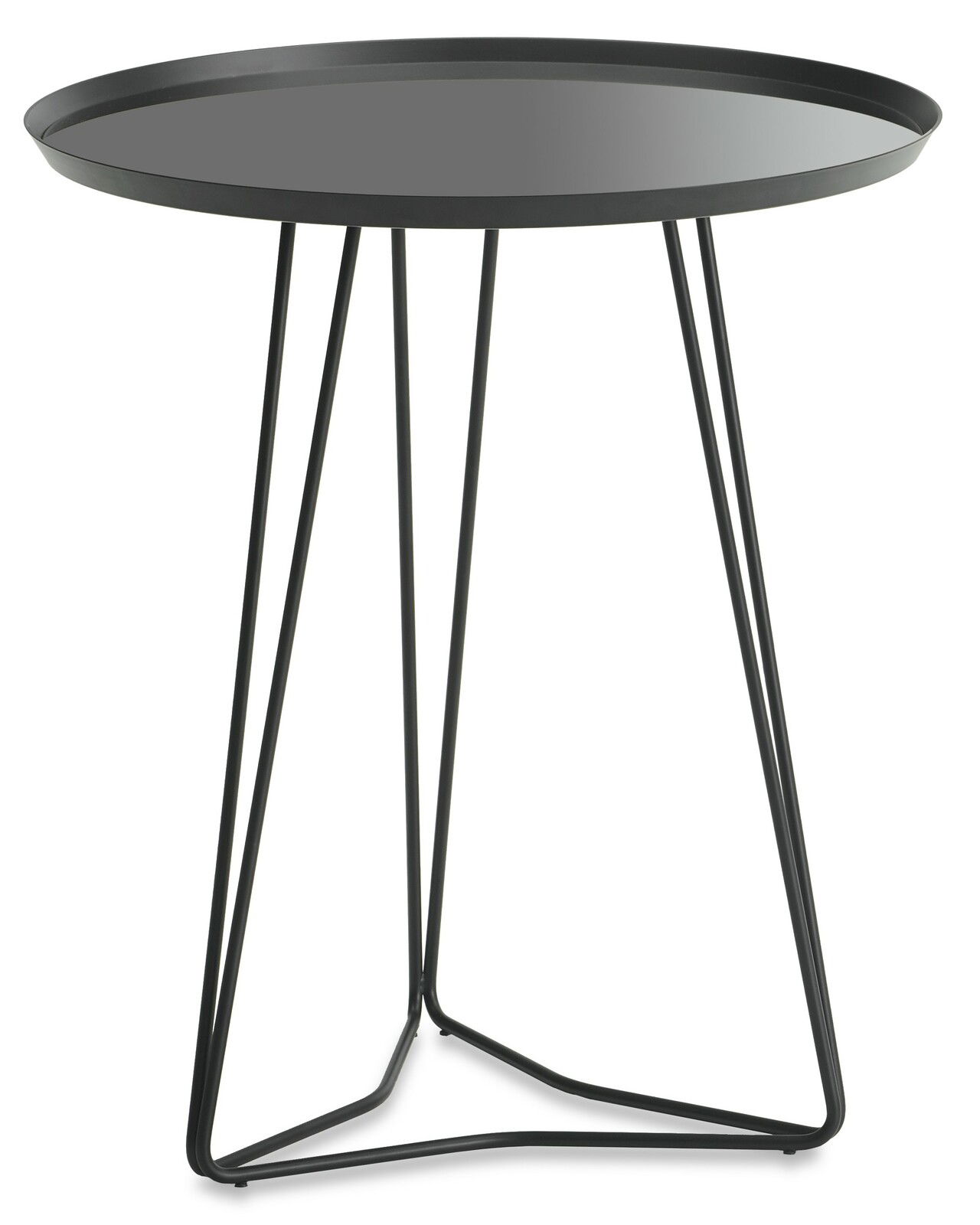 Moderner schwarzer Beistelltisch mit runder Tischplatte und filigranem Metallgestell, seitliche Perspektive