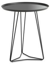 Moderner schwarzer Beistelltisch mit runder Tischplatte und filigranem Metallgestell, seitliche Perspektive