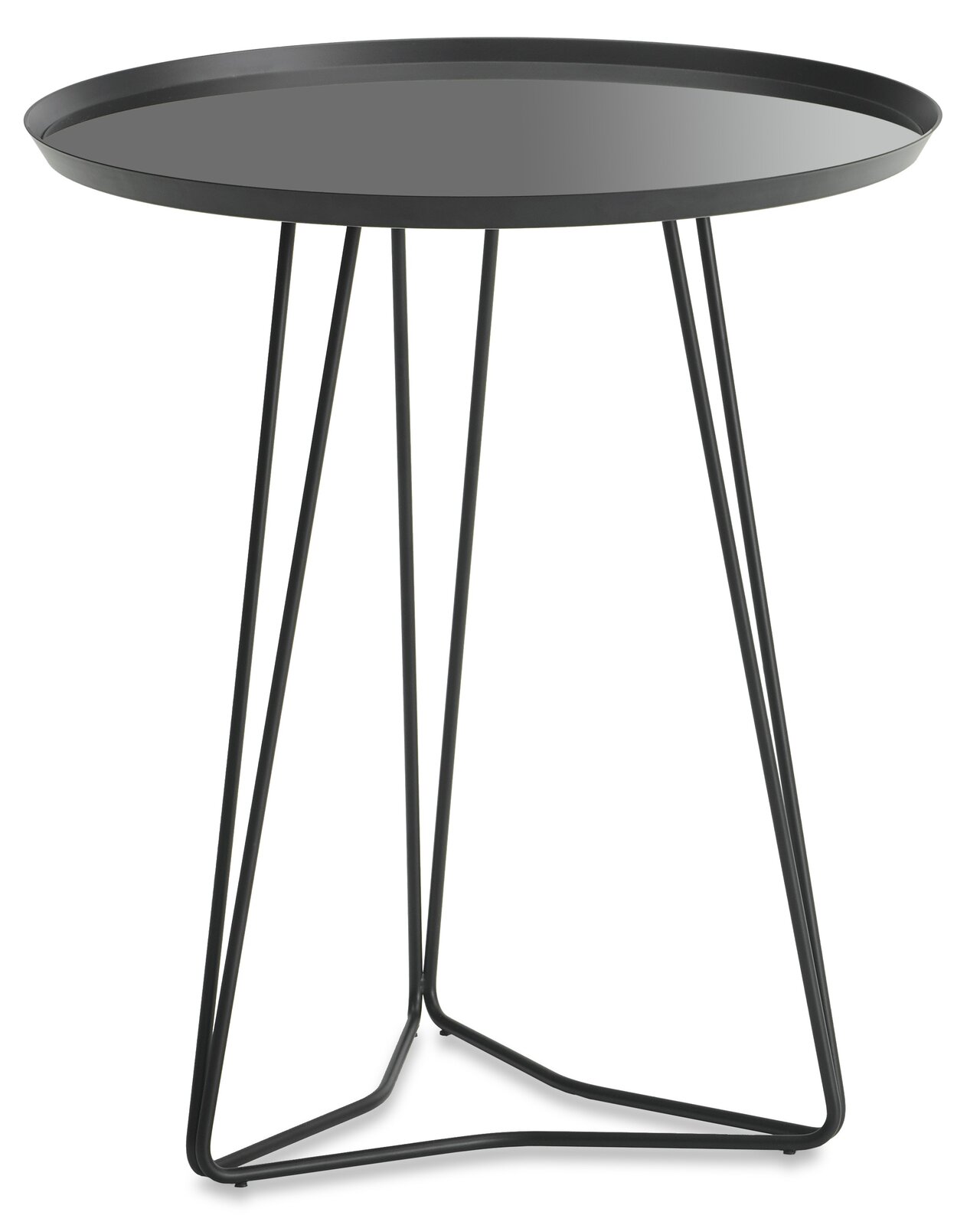 Moderner schwarzer Beistelltisch mit runder Tischplatte und filigranem Metallgestell, seitliche Perspektive