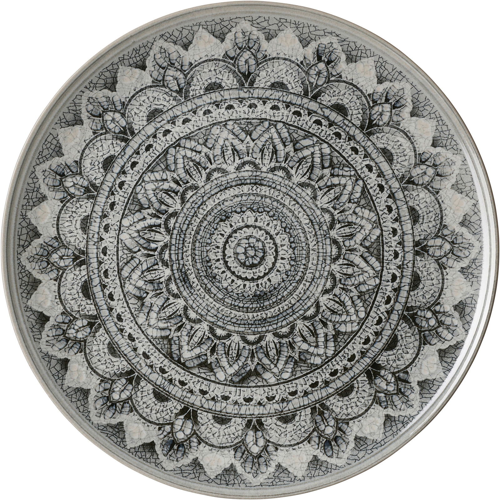 Runder Platzteller mit detailliertem, mandalaartigem Muster in Schwarz-Weiß, von oben betrachtet.